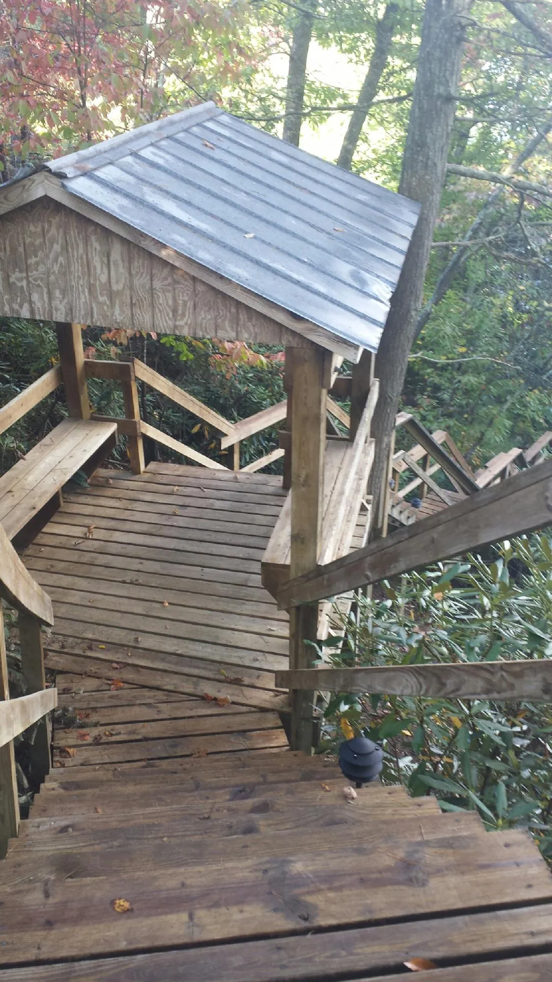 Metal roofed shelter over wooden steps on a wooded walkway — Skylight Repair & Installation work by our crew in Vista